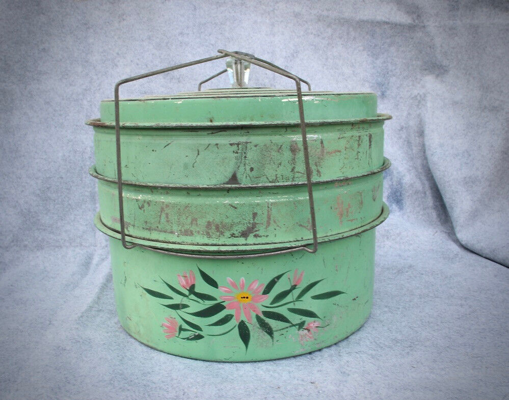 Antique Pie carrier, hand painted, jade color