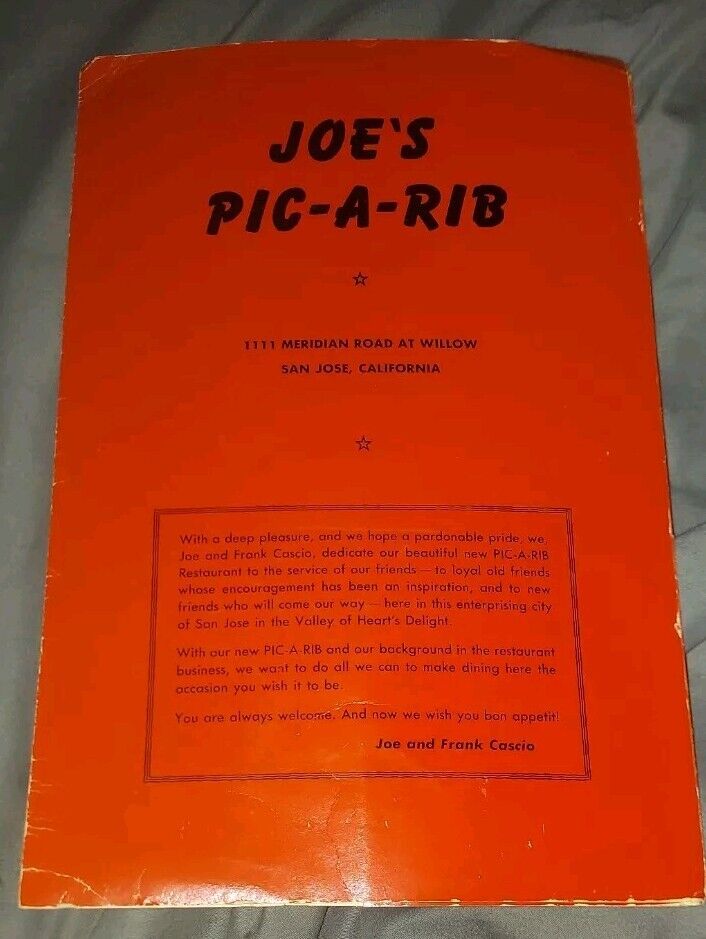 Vintage Joe\'s Pic - A - Rib Restaurant Menu Paper San Jose California 