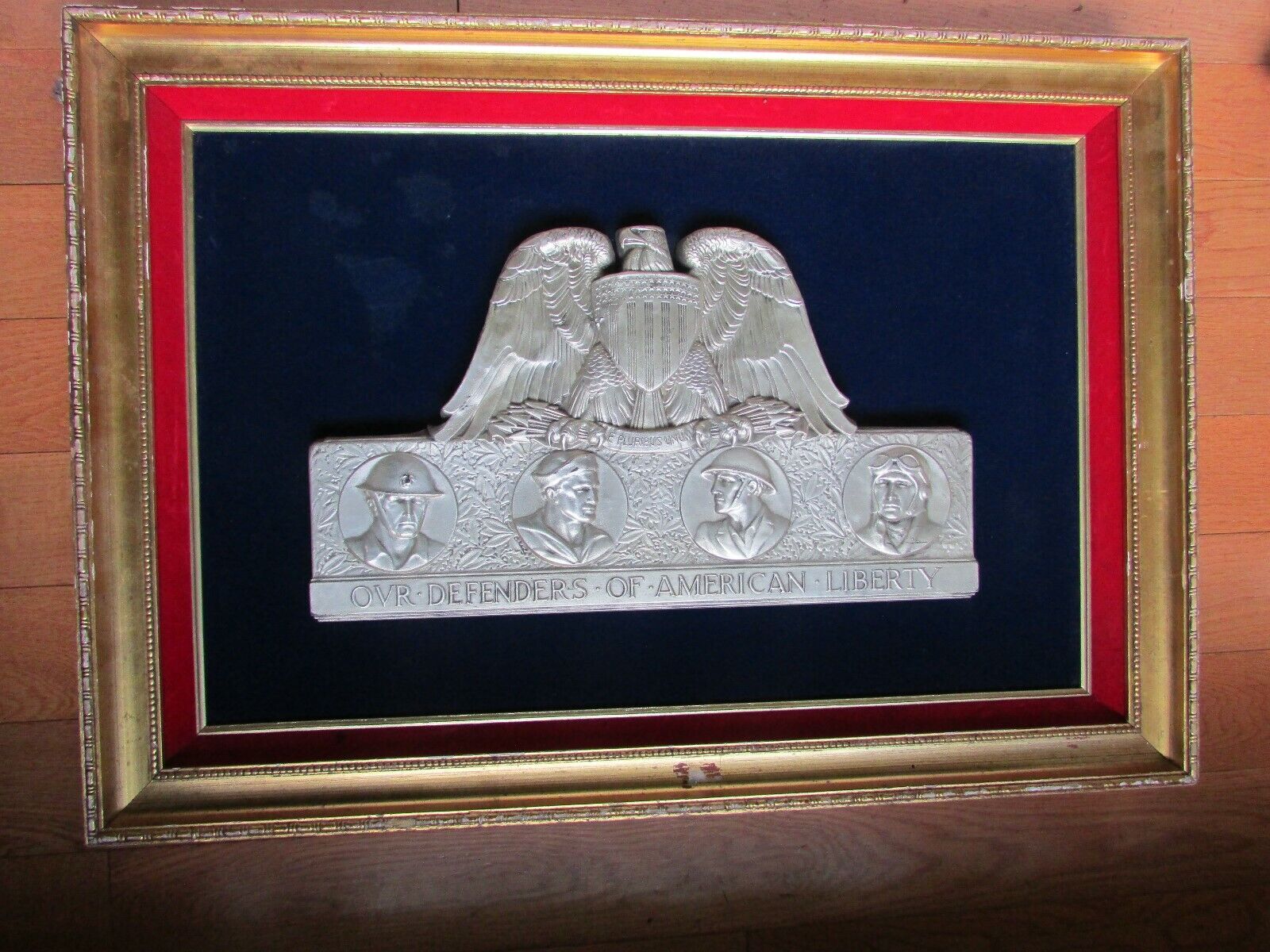 X-Rare WW1/WWI US ARMY, Navy, Air Force &USMC Framed Wall Plague, Sterling