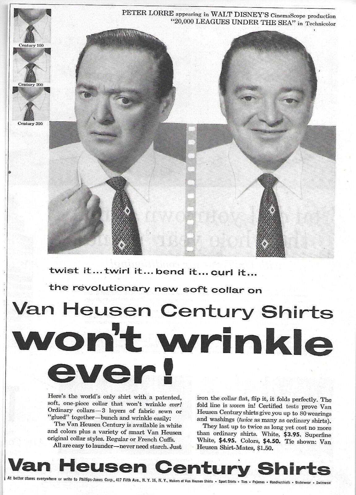 Vintage 1954 Peter Lorre magazine ad for Van Heusen shirts, Walt Disney