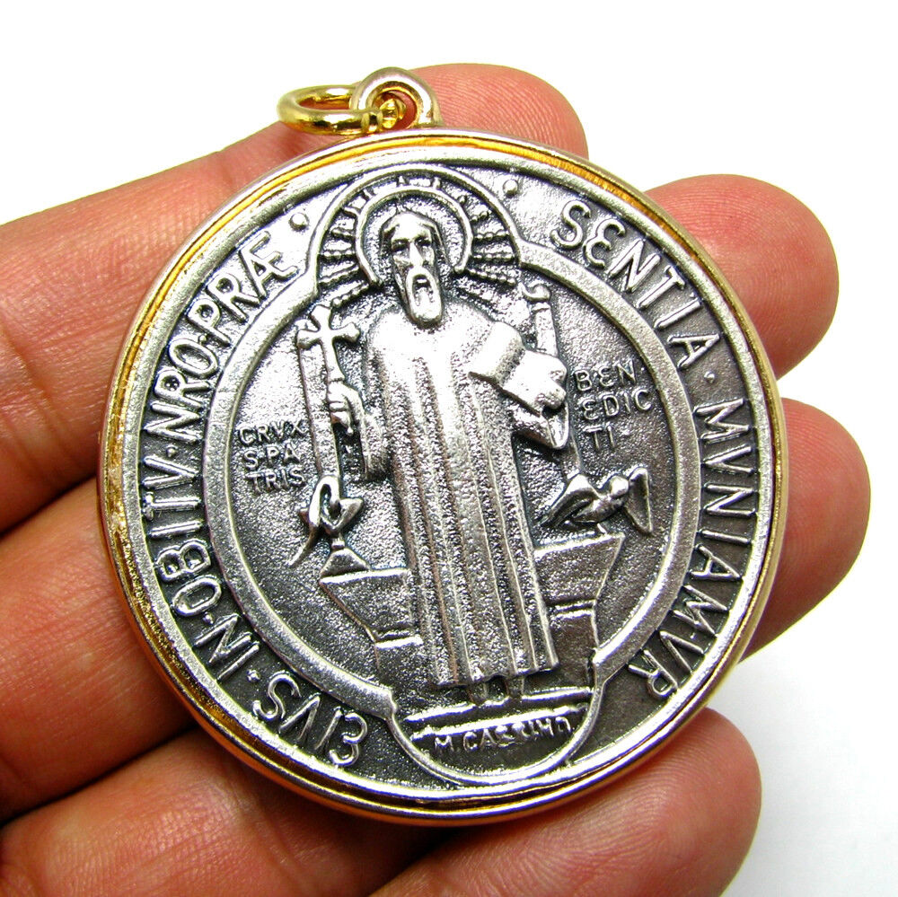 Medalla De San Benito St Benedict Large 48MM Italy Two Tone Gold Plated Pendant