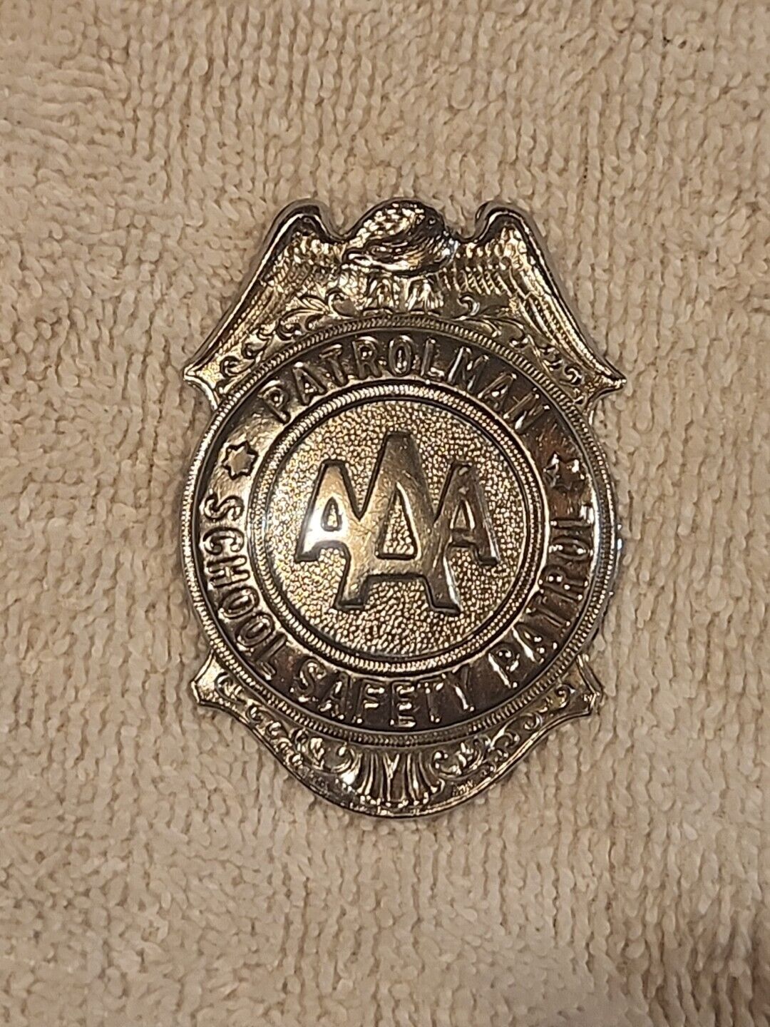 Vintage  AAA Patrolman School Safety Patrol  Metal Badge Pin NOS 2.5”