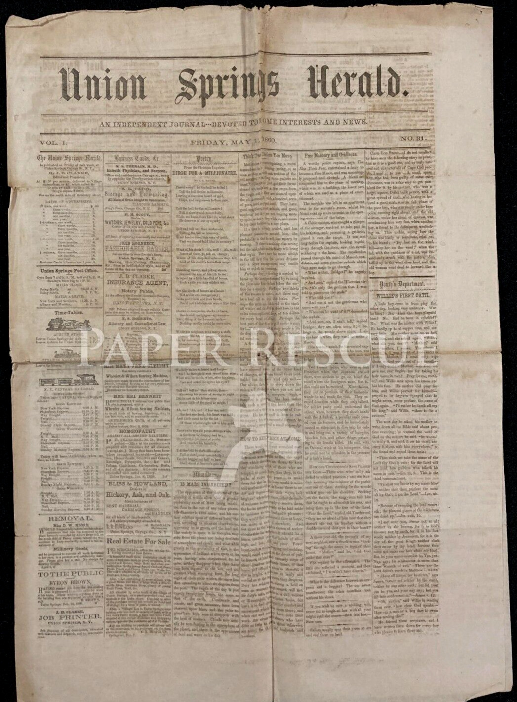 UNION SPRINGS HERALD Vintage Newspaper May 11 1860 New York Cayuga County NY