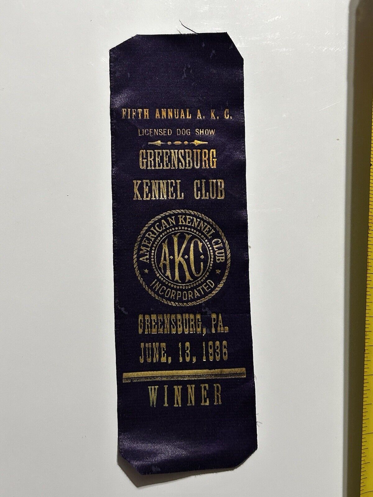 1936 Greensburg Pa Pennsylvania Kennel Show AKC Dog Ribbon Fair Vintage