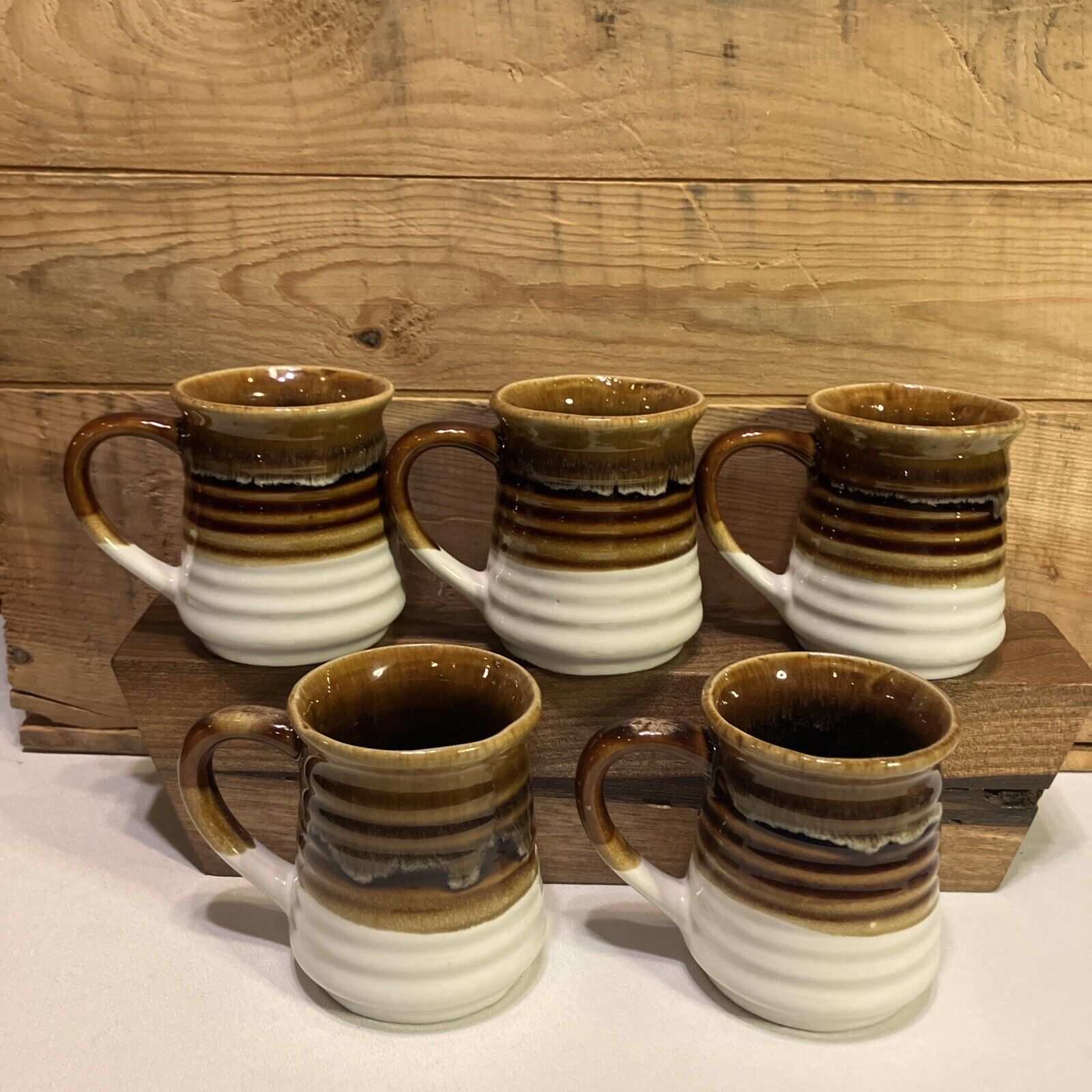 Vtg. Beautiful Stoneware Coffee Mugs Brown Layered Drip Glaze Made Taiwan Set(5)