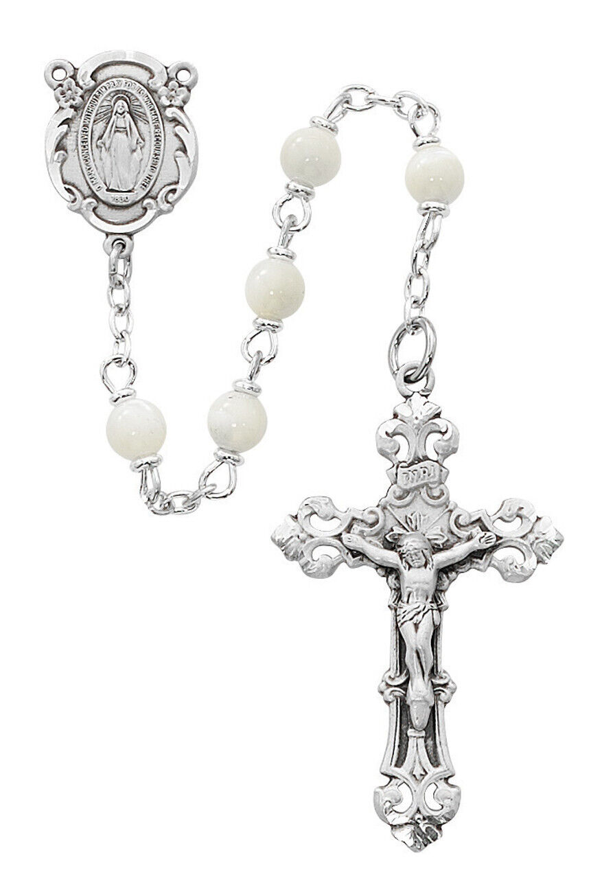 Genuine Mother Of Pearl White Bead Sterling Silver Center And Holy INRI Crucifix