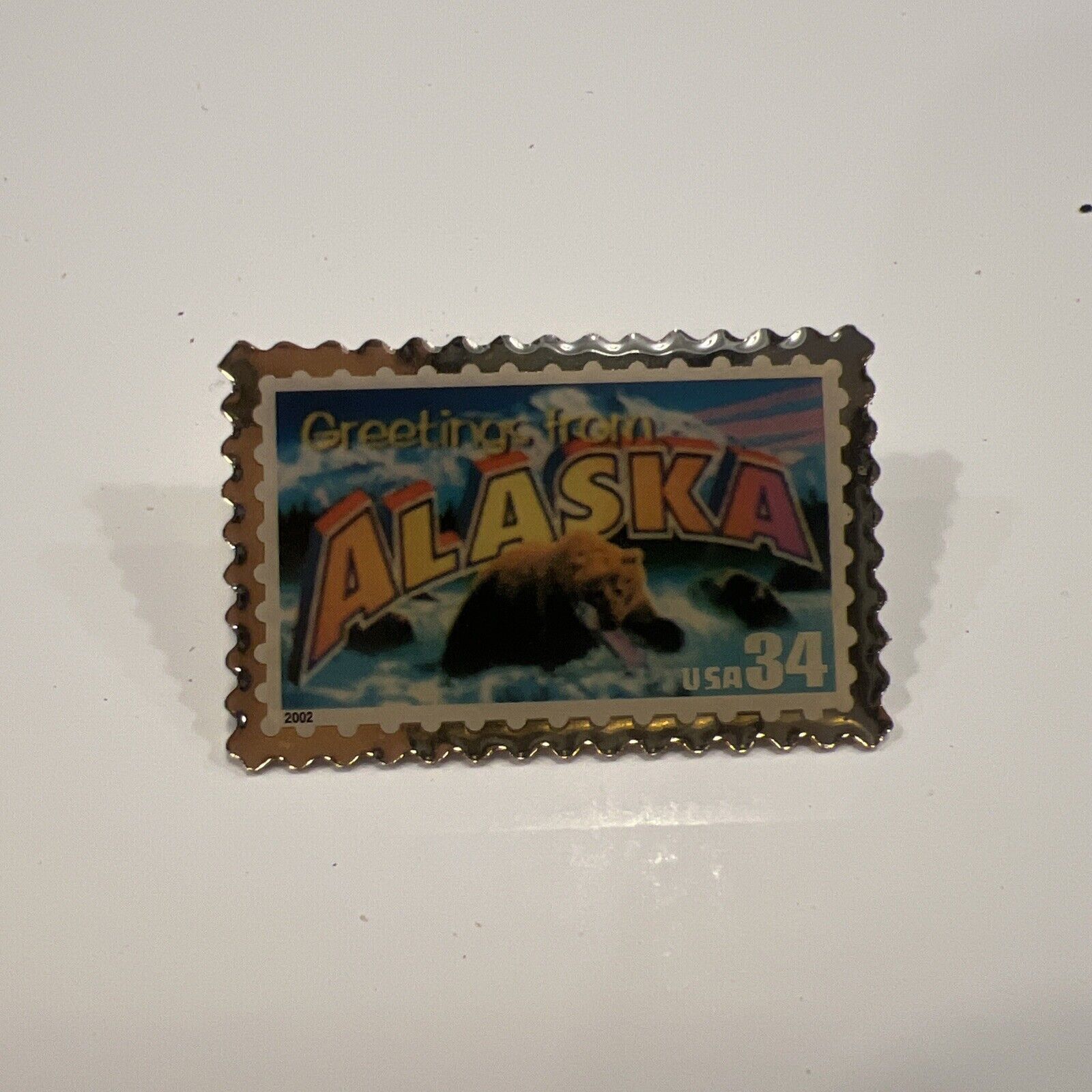 Alaska collectible Stamp Style Pin USA 34 cent Greetings From Alaska grizzly pin