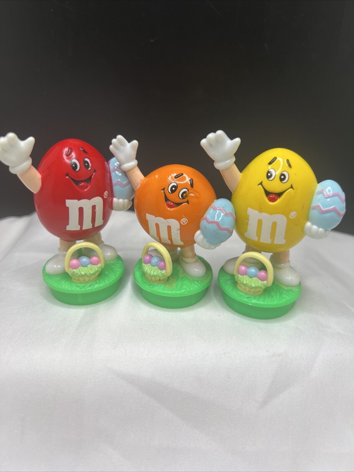 3 Vintage Mars Co M&Ms 1992 Candy Tube Topper Red Yellow Orange Easter Egg