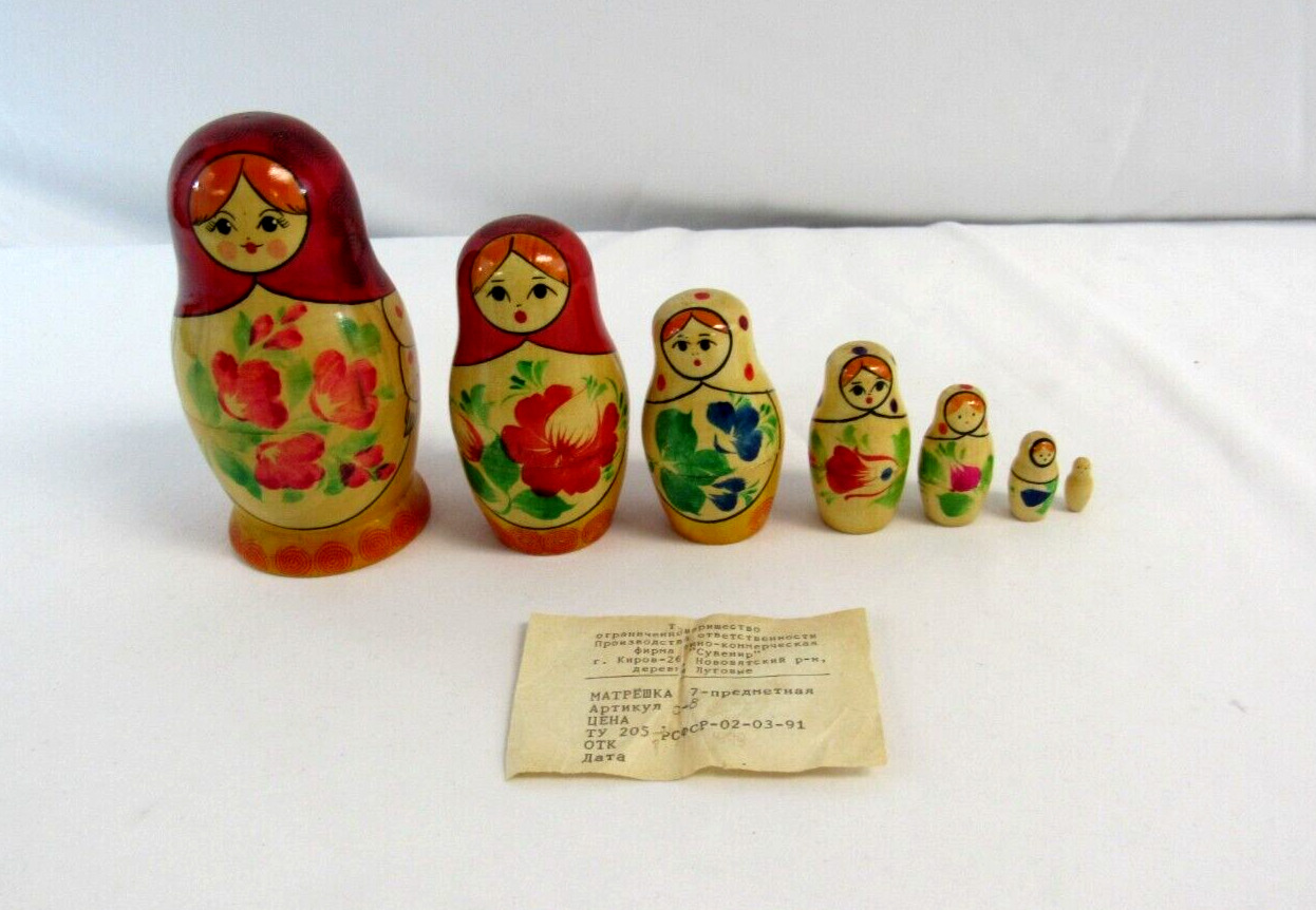 Russian Nesting Doll Set 7 Piece Flowers Hand Painted 1991