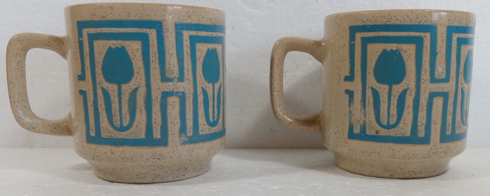 Two Vintage Pottery Coffee Mug Blue Tulips Speckled Clappison Style