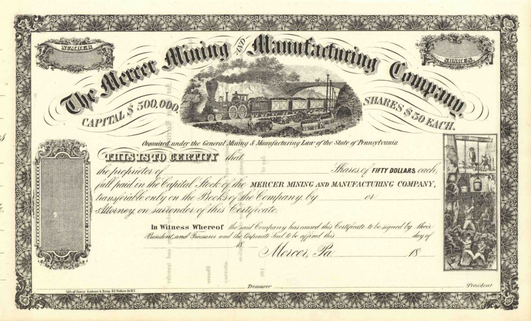 Mercer Mining & Manufacturing Co. - Unissued Pennsylvania Mining Stock Certifica