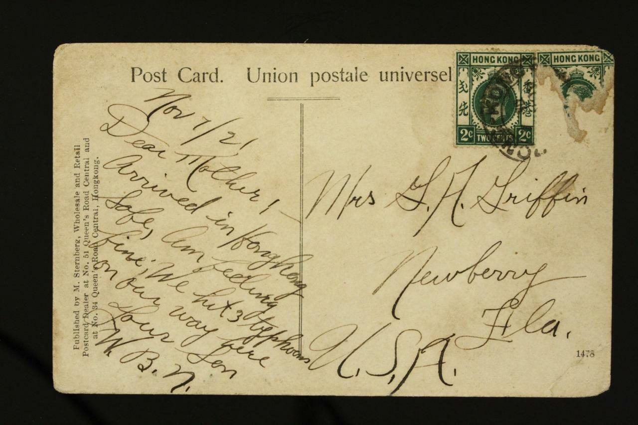 1921 Postcard Postal History HONG KONG to USA US Sailor to Mom on Arrival Port
