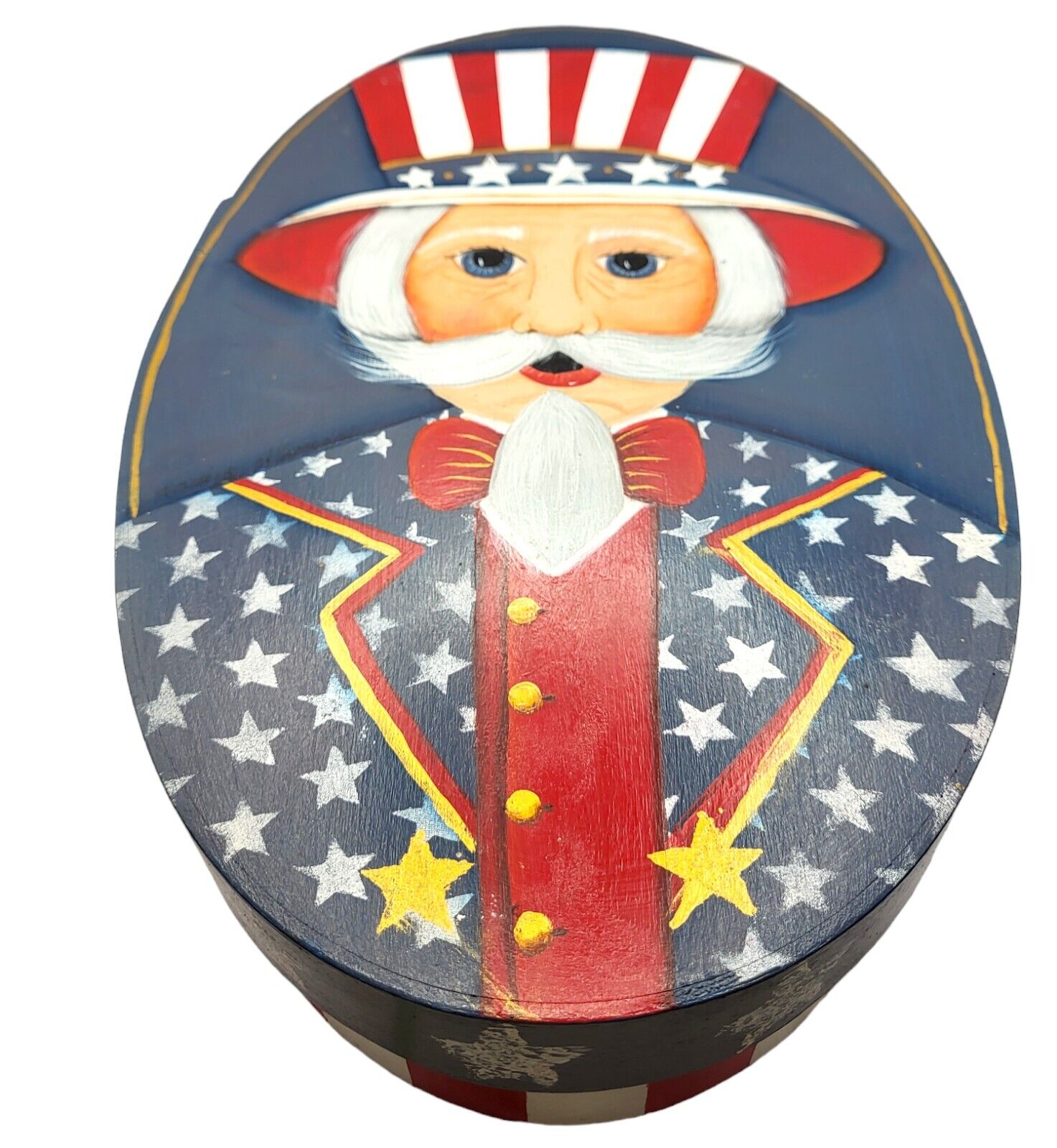 Handpainted Primitive UNCLE SAM July 4th Oval Solid Wooden Box Patriotic OOAK