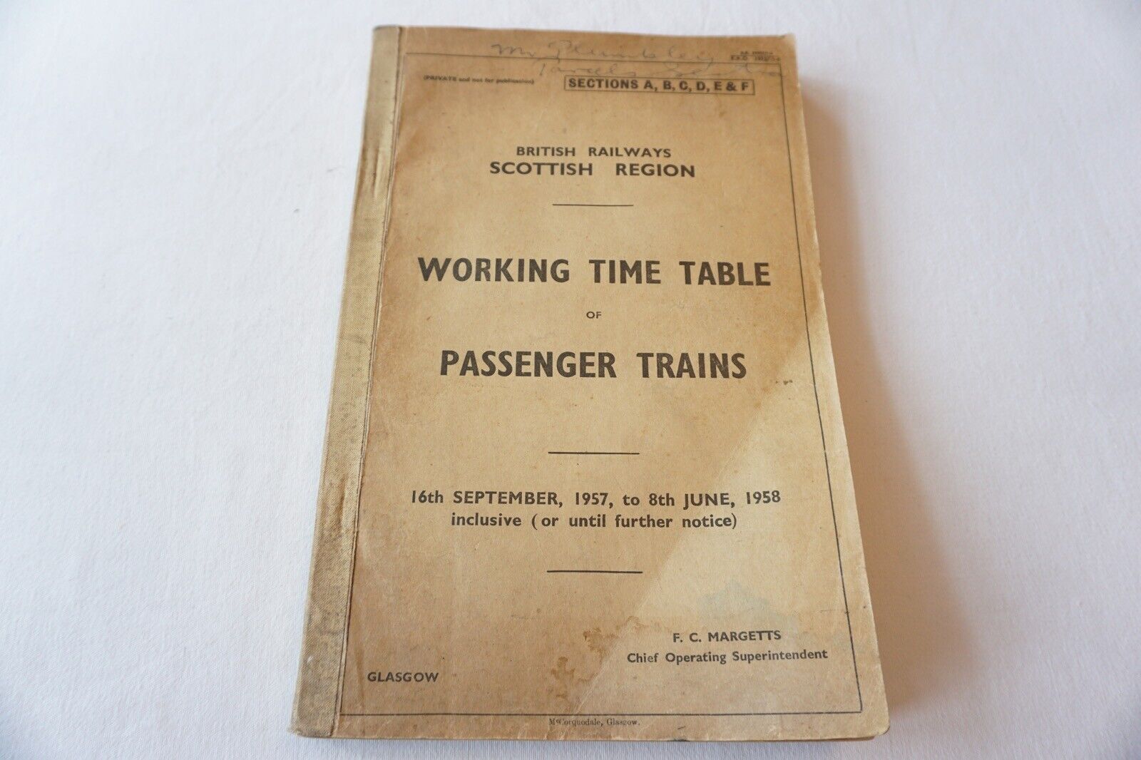 1957 Scottish Region Railway Working Timetable Section A B C D E F