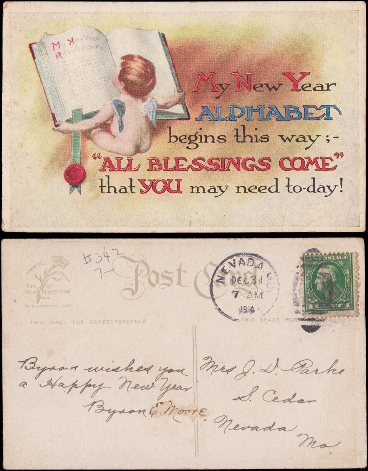 New Year greeting, bare baby holding book, with poem, Nevada MO, 1914