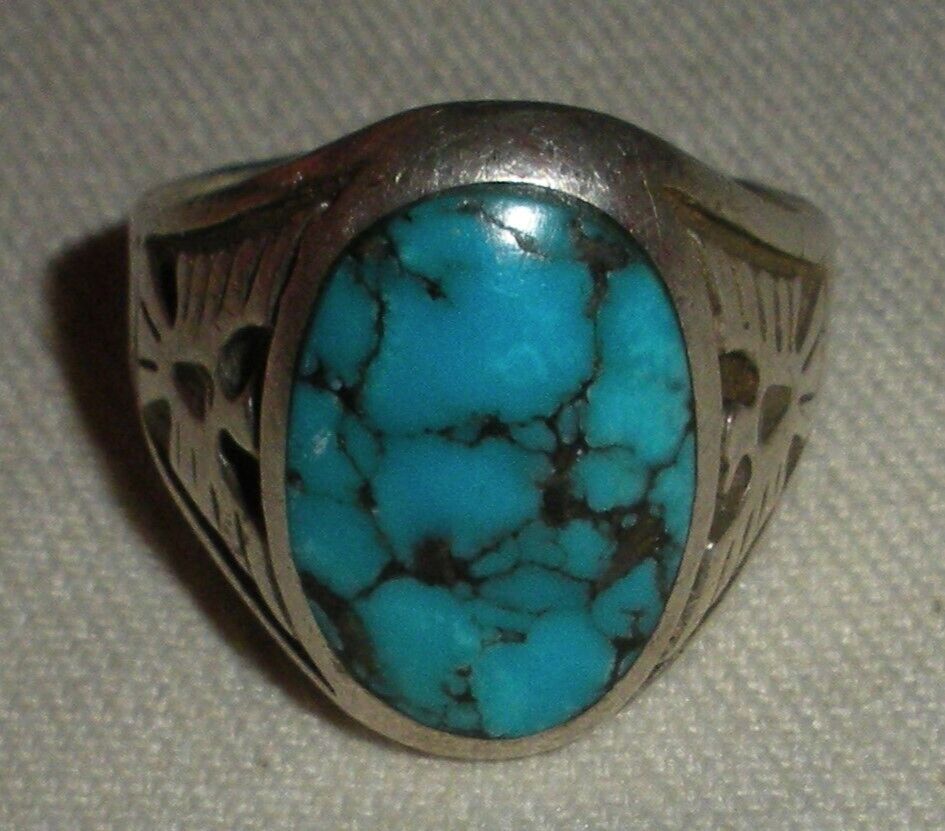 VINTAGE NAVAJO TURQUOISE STERLING SILVER RING THUNDERBIRD SIZE 10 vafo