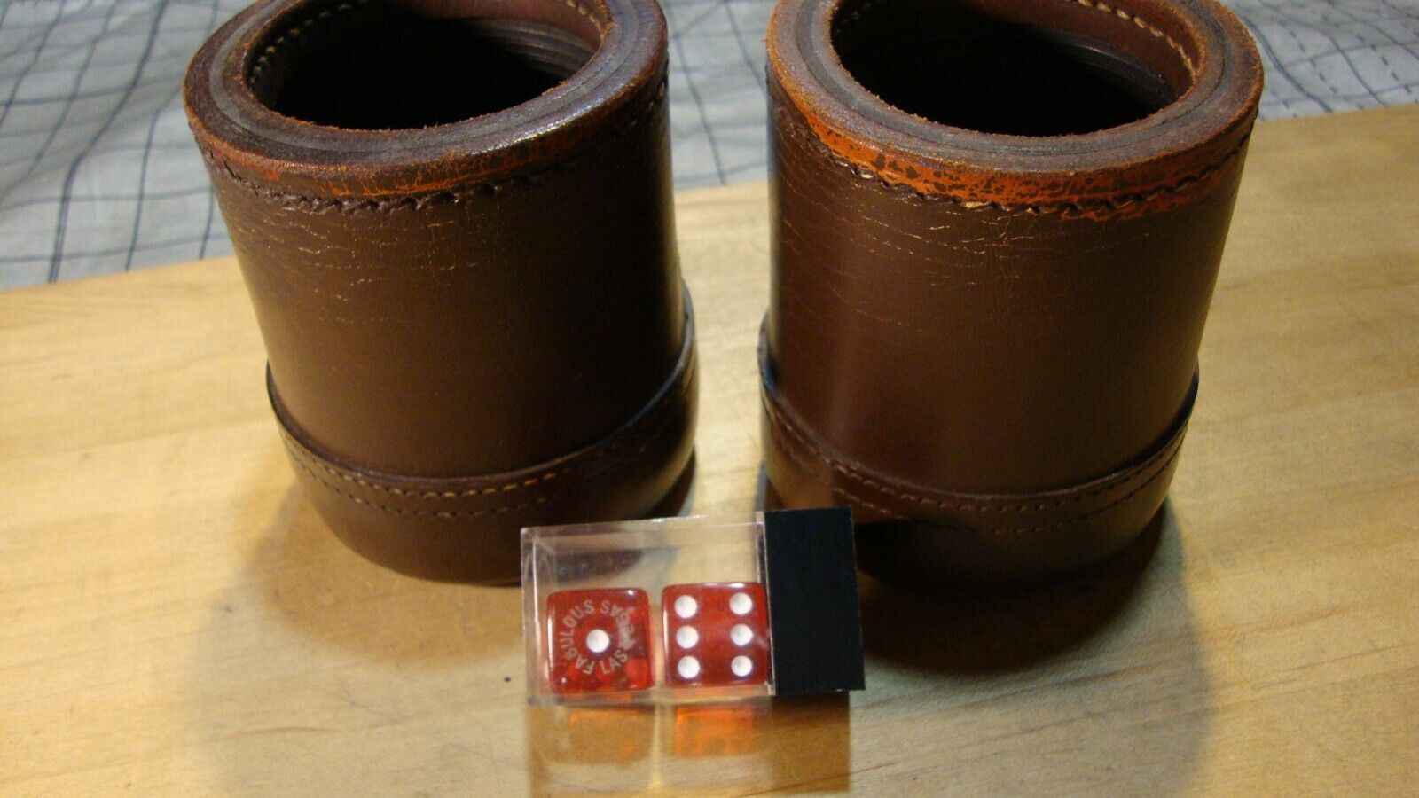 2 Vintage Heavy Brown Leather Stitched Ribbed Interior Dice Shaker Cup & 2 Dice