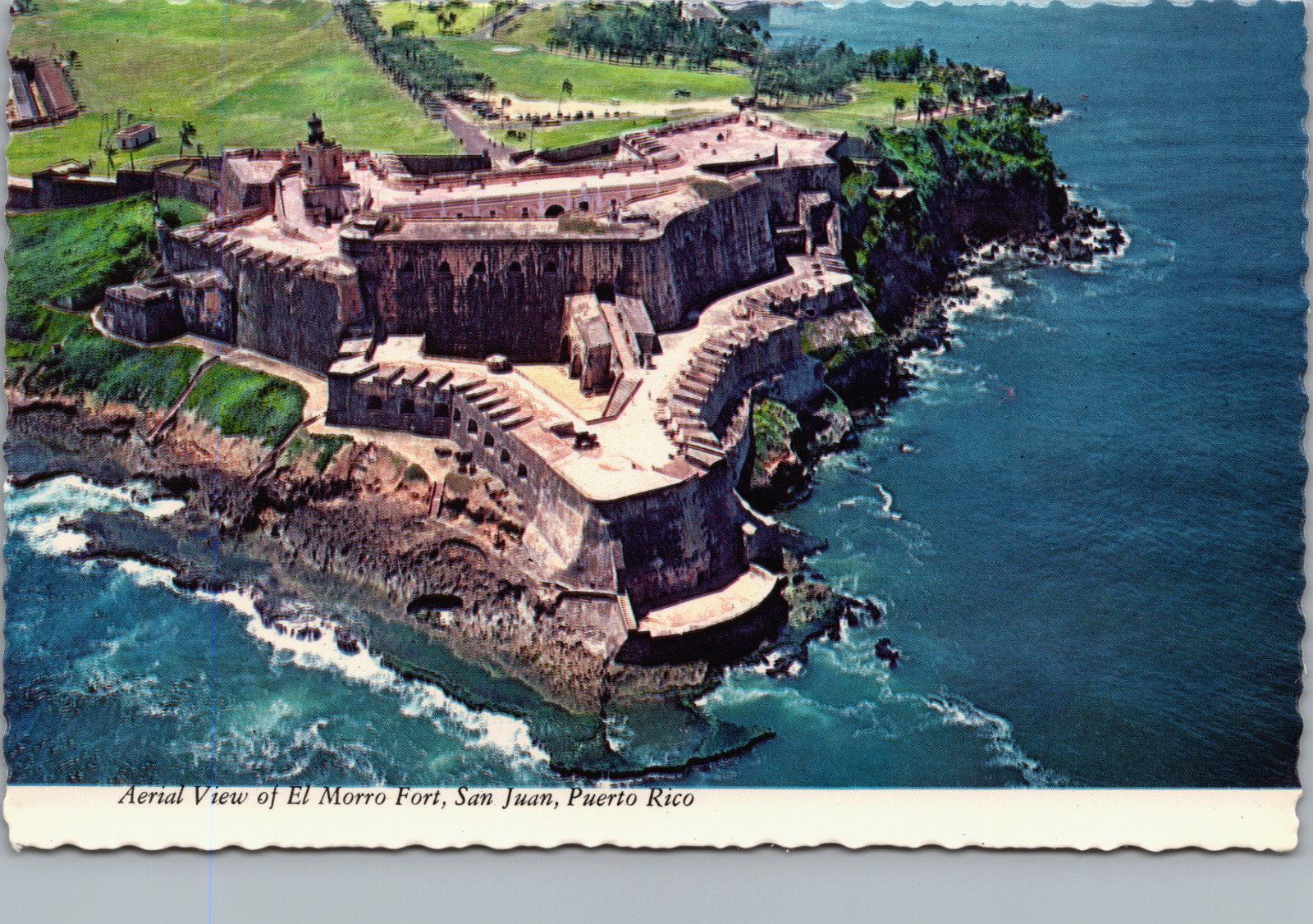 Aerial El Morro San Juan Harbor Ocean Puerto Rico c60\'s Vintage Scalloped Edge
