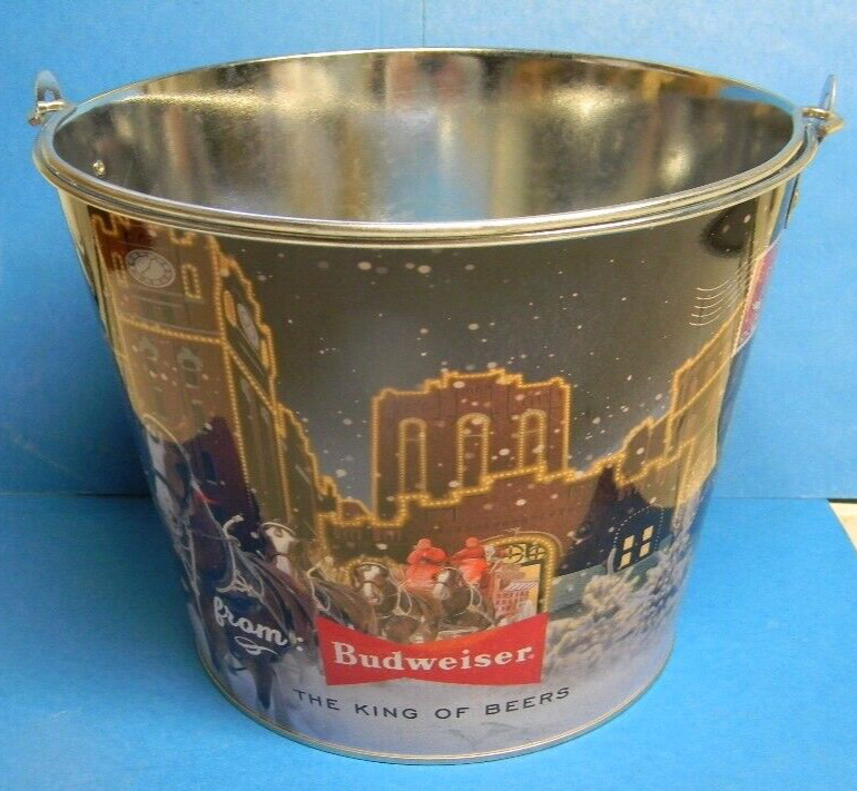 NEW Budweiser Christmas Holiday Cheer Clydesdales Advertising Metal Bucket Pail