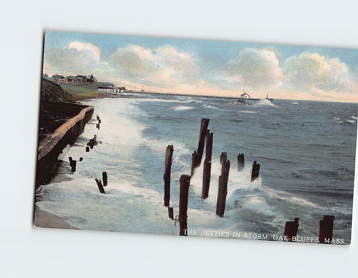 Postcard The Jetties In Storm, Oak Bluffs, Massachusetts