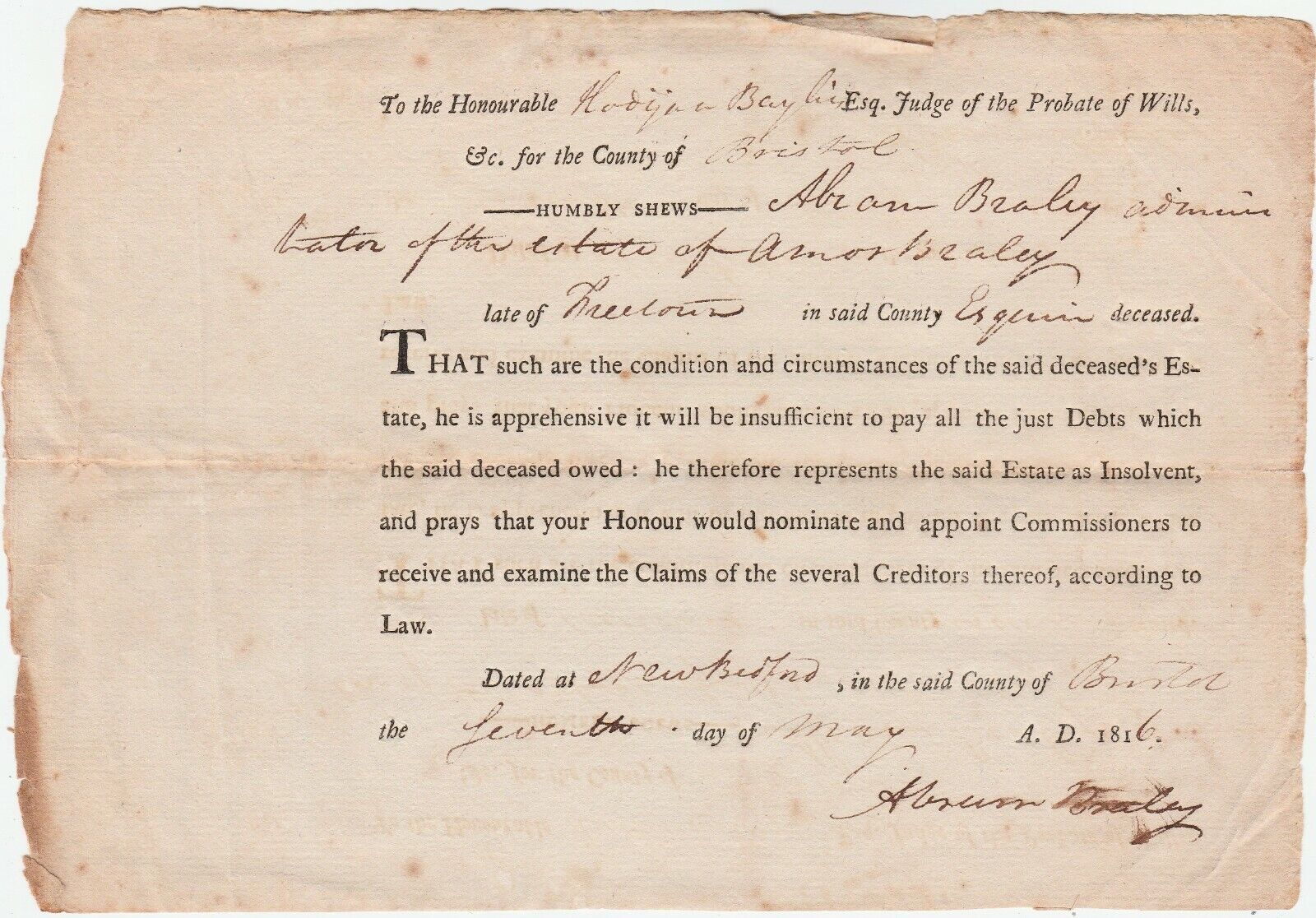 RARE 1816 Document Signed  Francis Baylies - Taunton MA US House Representative