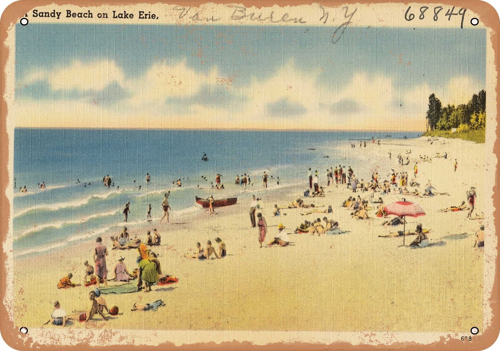 Metal Sign - New York Postcard - A sandy beach on Lake Erie, Van Buren, N. Y.