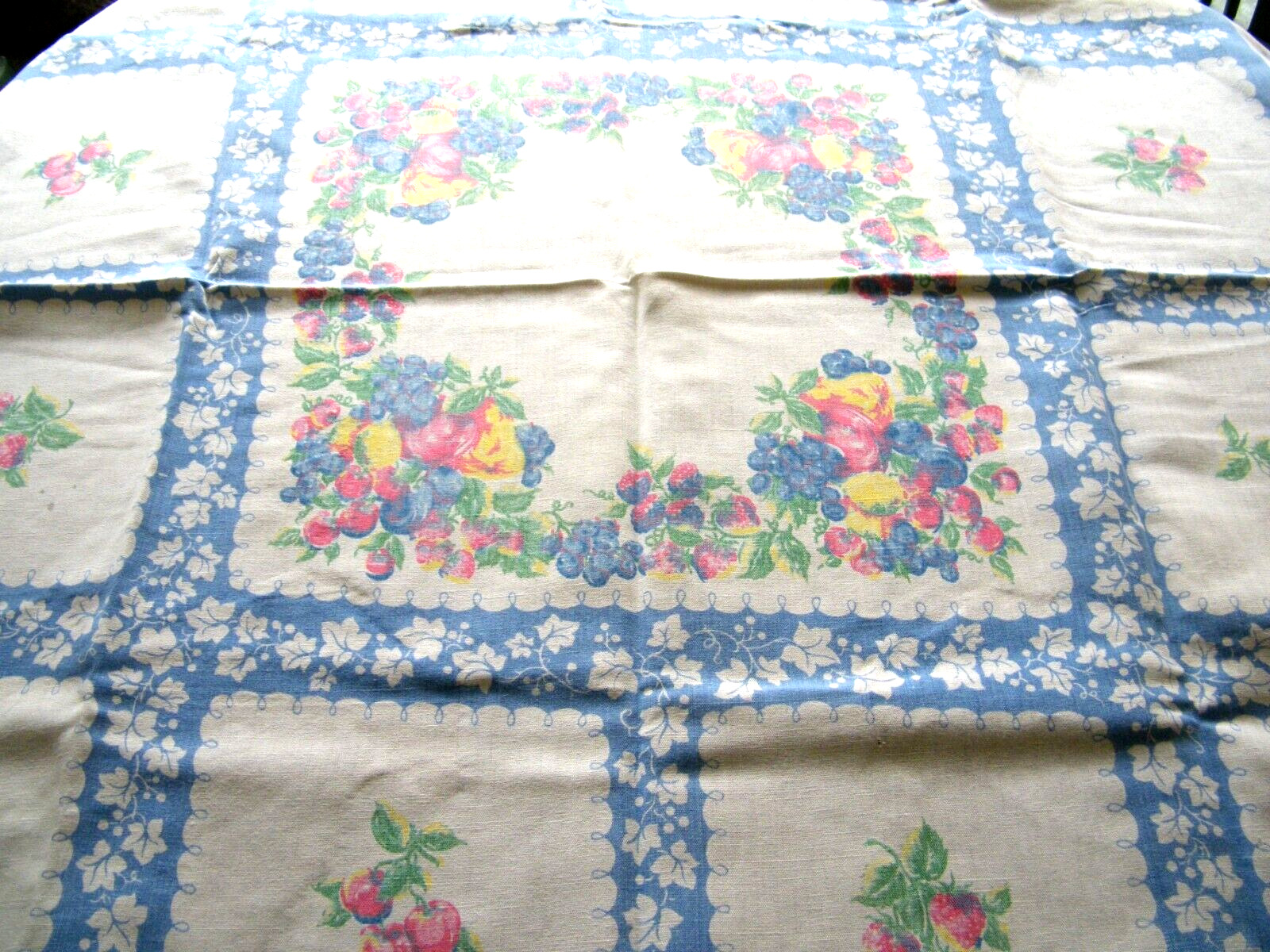 Vintage Heavy Cotton Print Tablecloth White & Blue w/ Multicolored Fruits 50X47