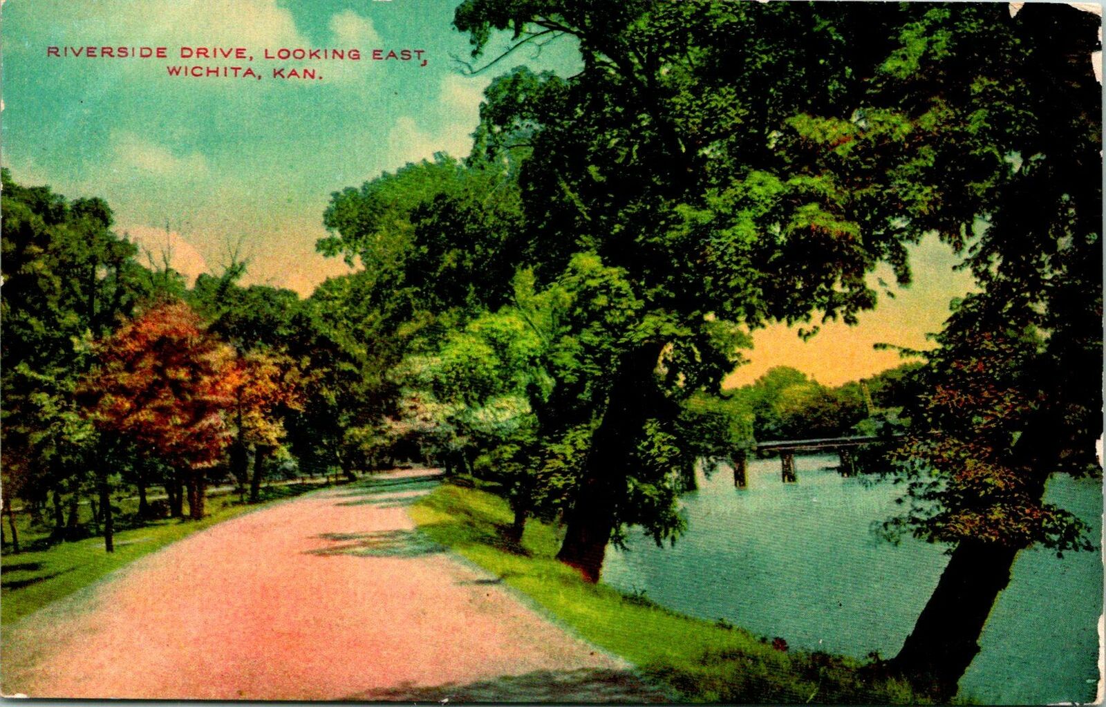 Wichita KS Riverside Drive Looking East Postcard unused (16742)