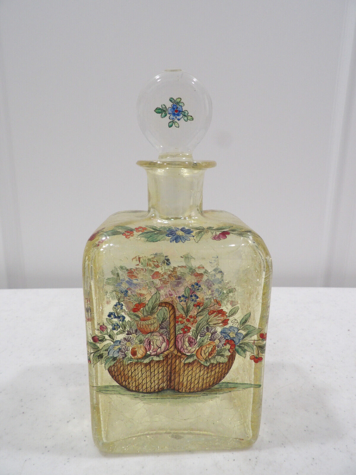 Fabulous Old VINTAGE CZECH Crackle Glass Perfume Decanter~Flower Baskets~Signed