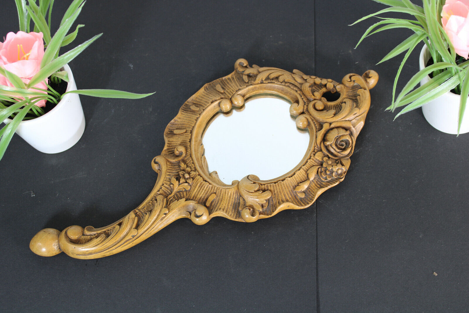 Vintage flemish wood carved hand mirror 