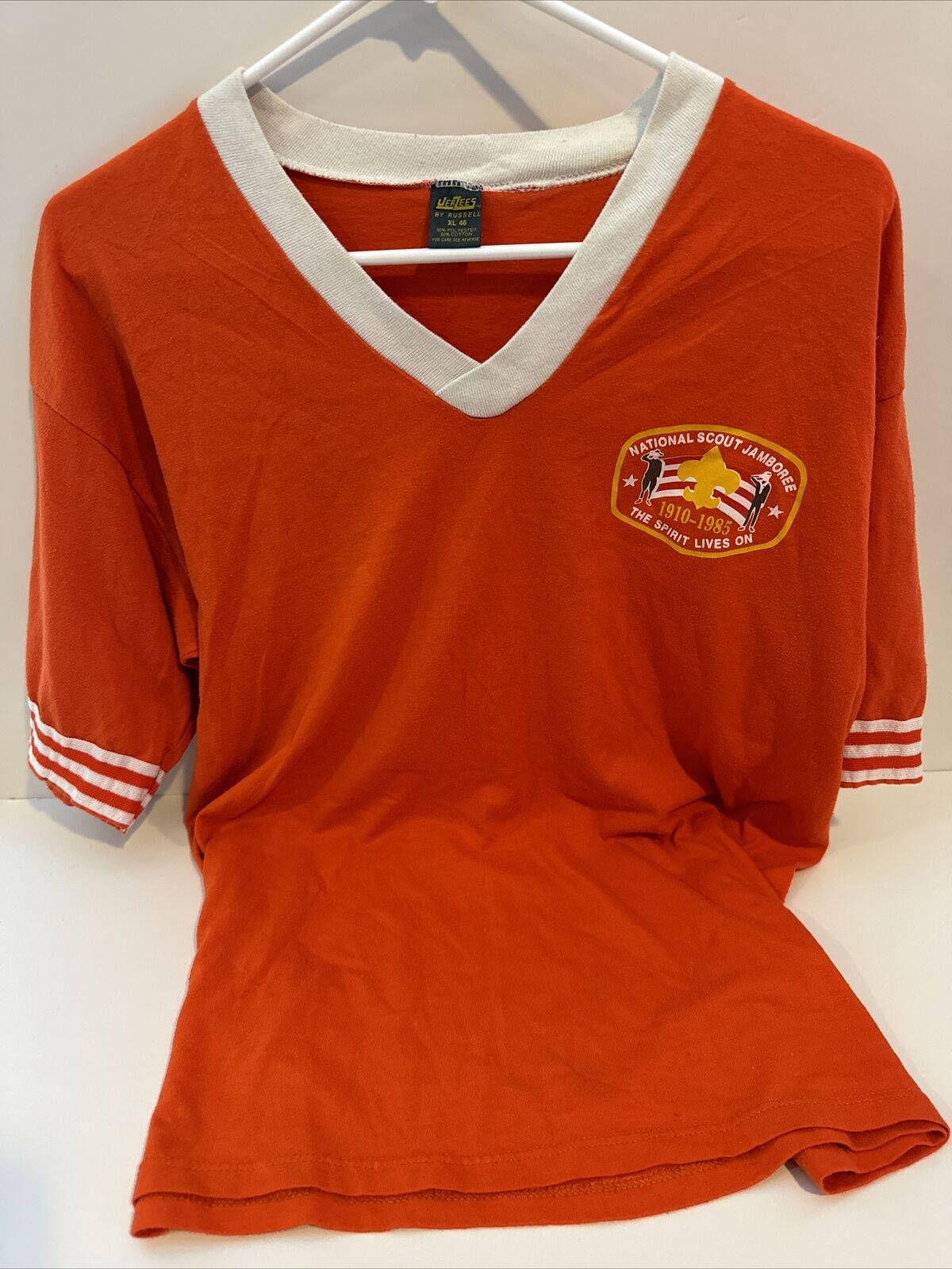 Vintage 1985 National Scout Jamboree Orange V Neck T-Shirt Made In USA