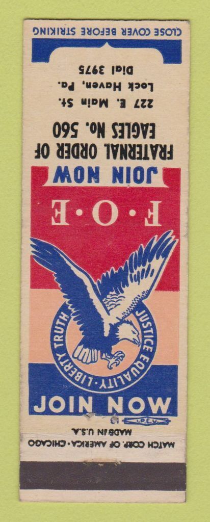 Matchbook Cover - Eagles Club Lock Haven PA
