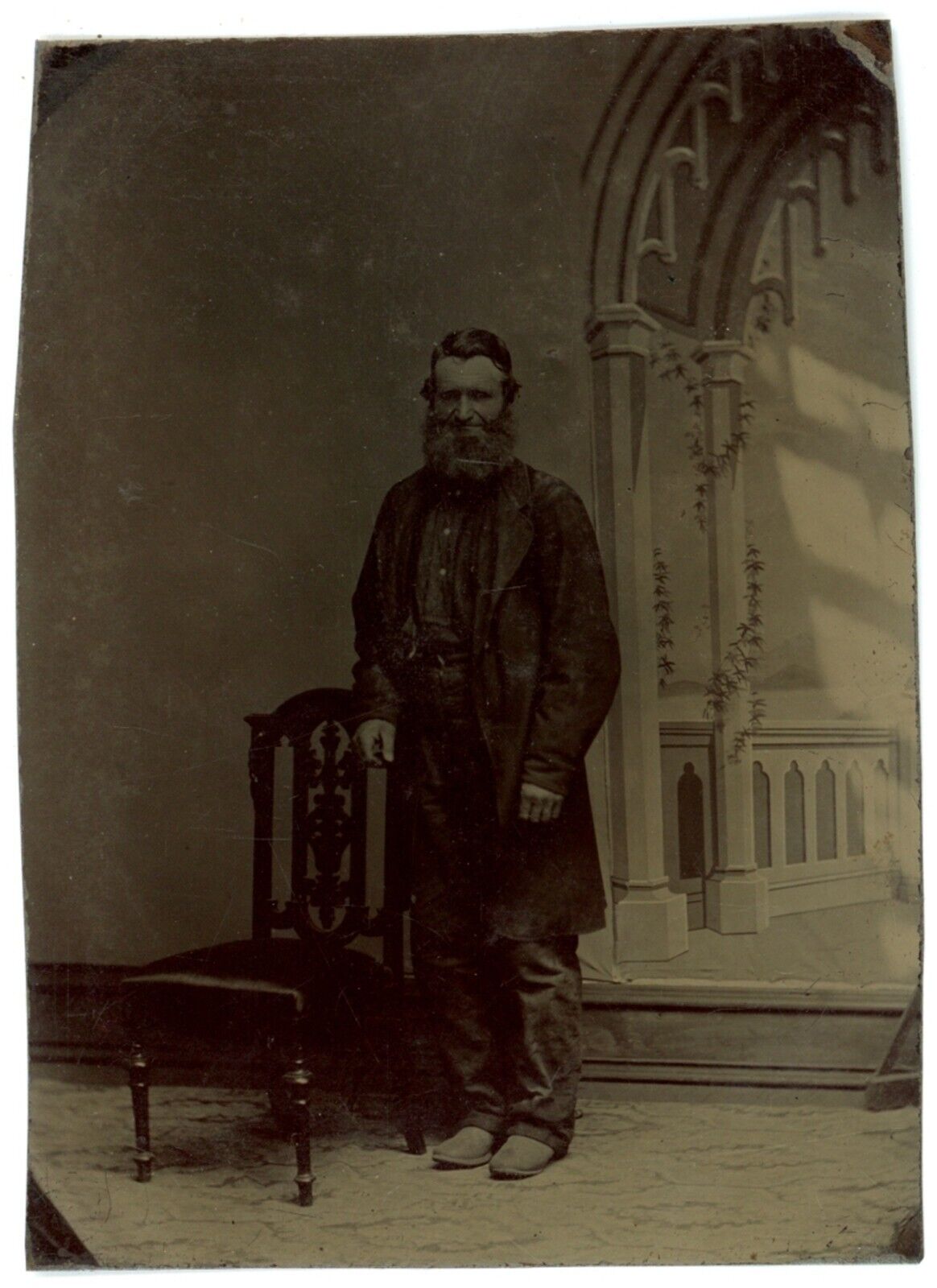 CIRCA 1860'S  2.5X3.5 1/6 Plate TINTYPE Gruff Older Man With Long Beard By Chair