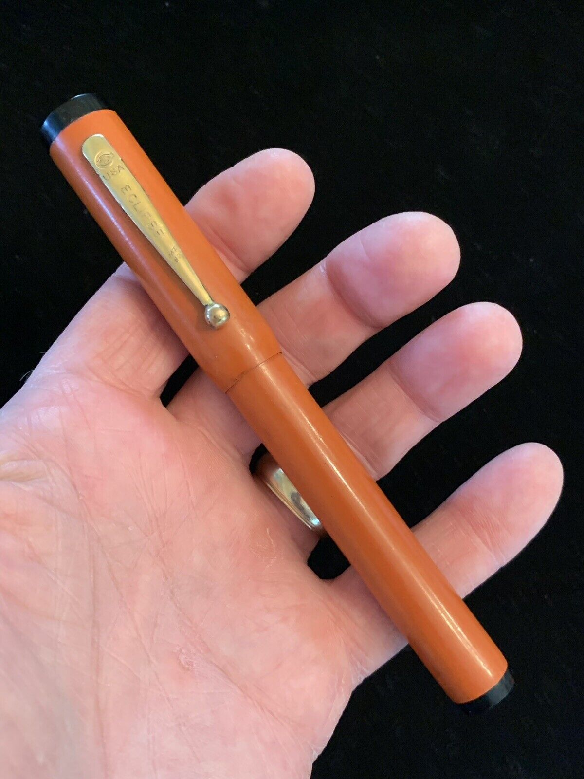 Rare Huge Antique Eclipse Flat Top Orange Red Fountain Pen Made In USA 14K