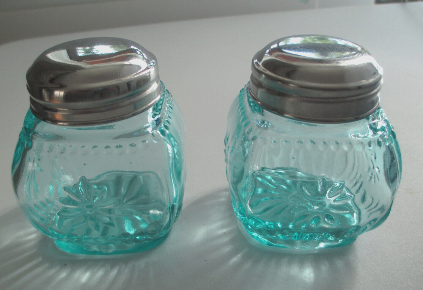 Pair of Aqua Spice Bottles with lids - Excellent condition