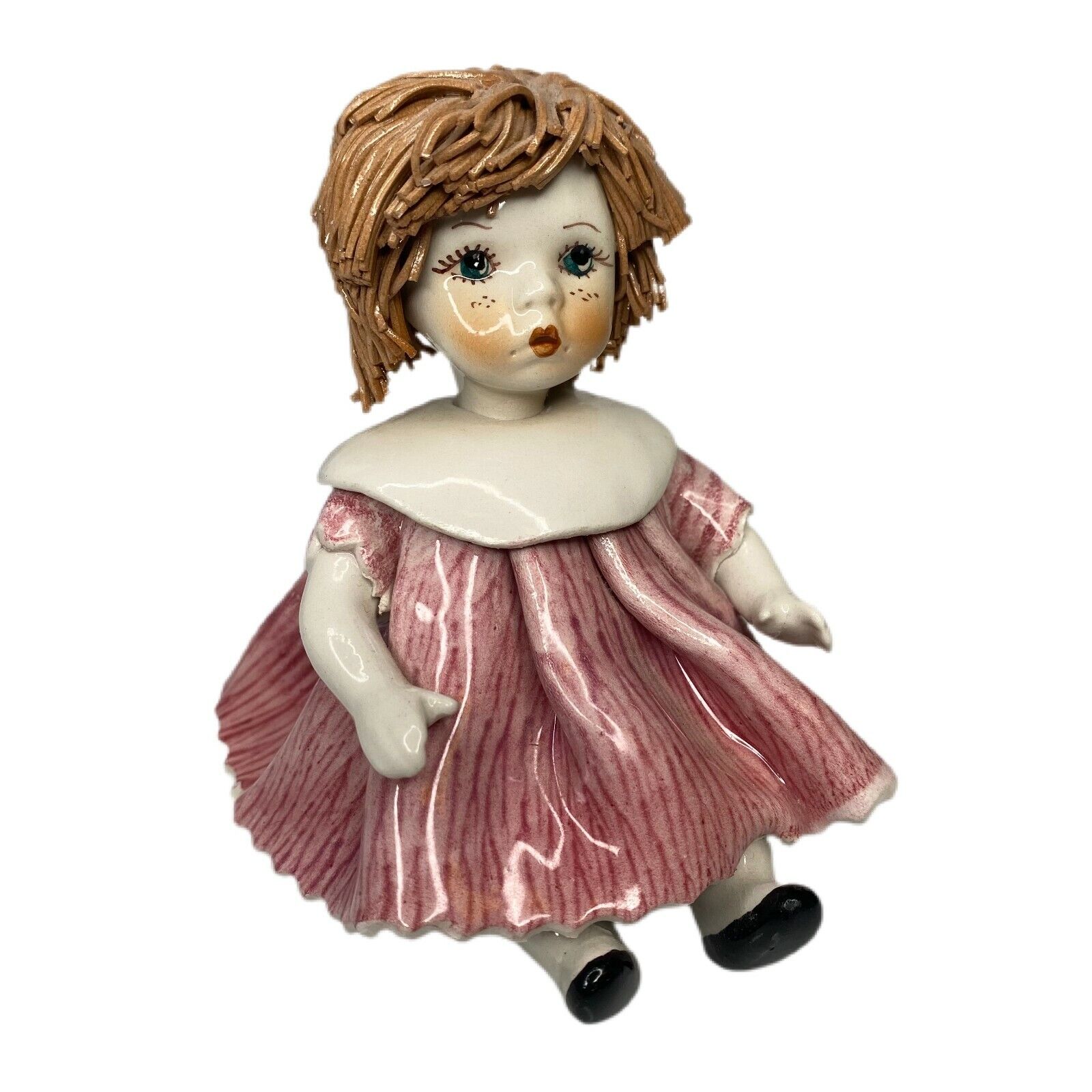 Leno Zampiva Pastel Pink Ceramica Little Girl Doll Spaghetti Hair Figurine 
