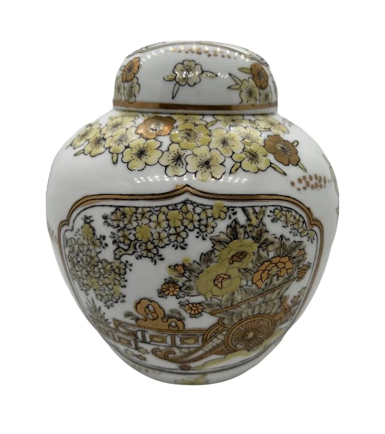 Vintage Mid-Century Gold Imari Hand Painted Porcelain Rickshaw Ginger Jar, Japan