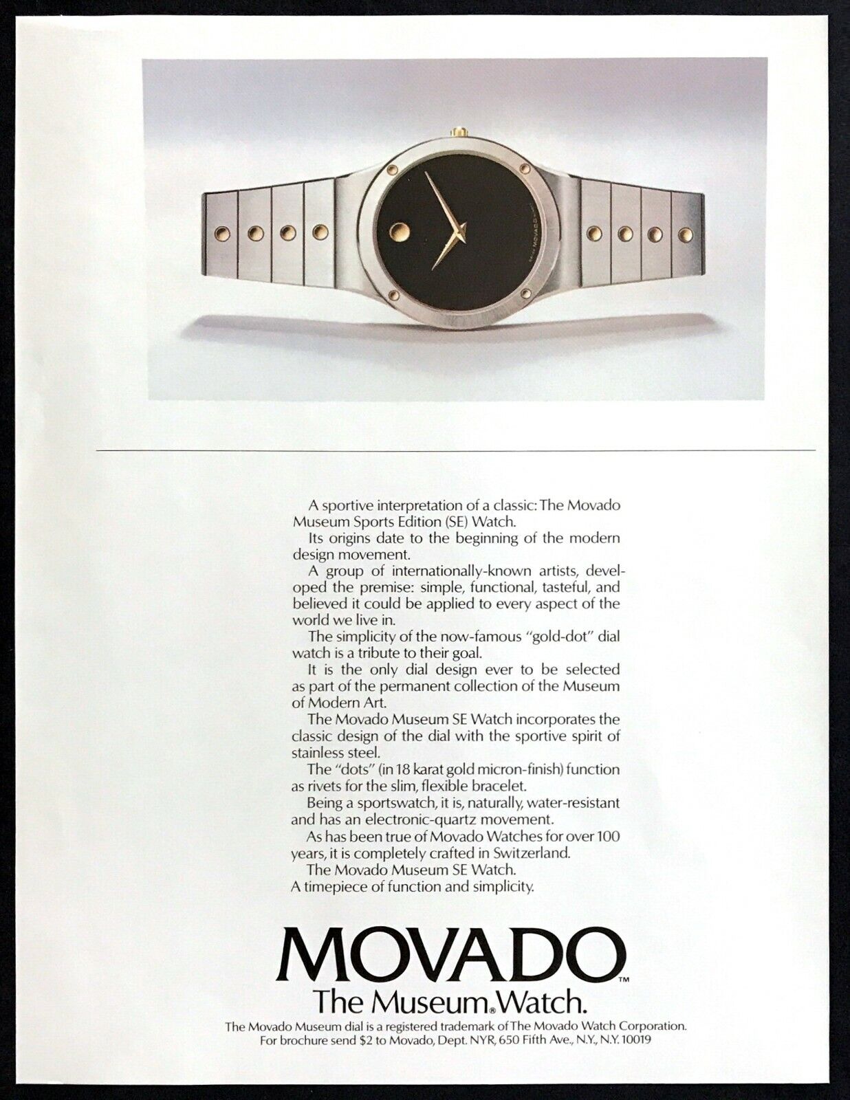 1987 Movado Museum Sports Edition SE Watch photo Gold Dot Dial vintage print ad