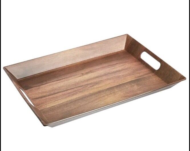 Large 19-Inch Handled Serving Tray Brown  Wood Grained Print Matte Finish