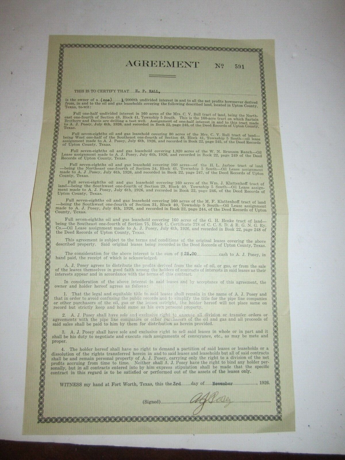 1926 TEXAS OIL & GAS LEASEHOLD CONTRACT AGREEMENT DOCUMENT - OFC2
