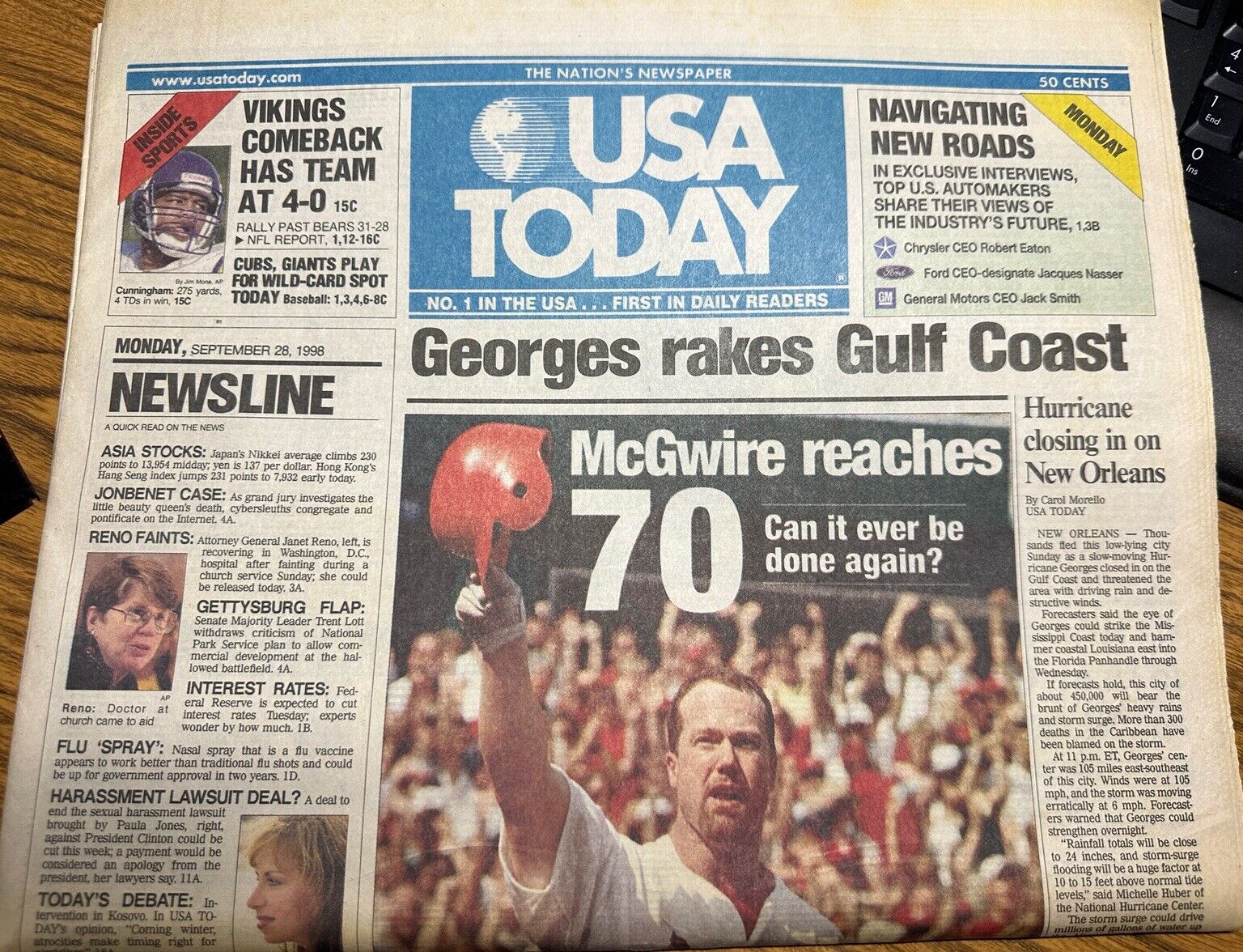 Mark McGwire Reaches 70 Original Newspaper September 28th 1998 USA Today