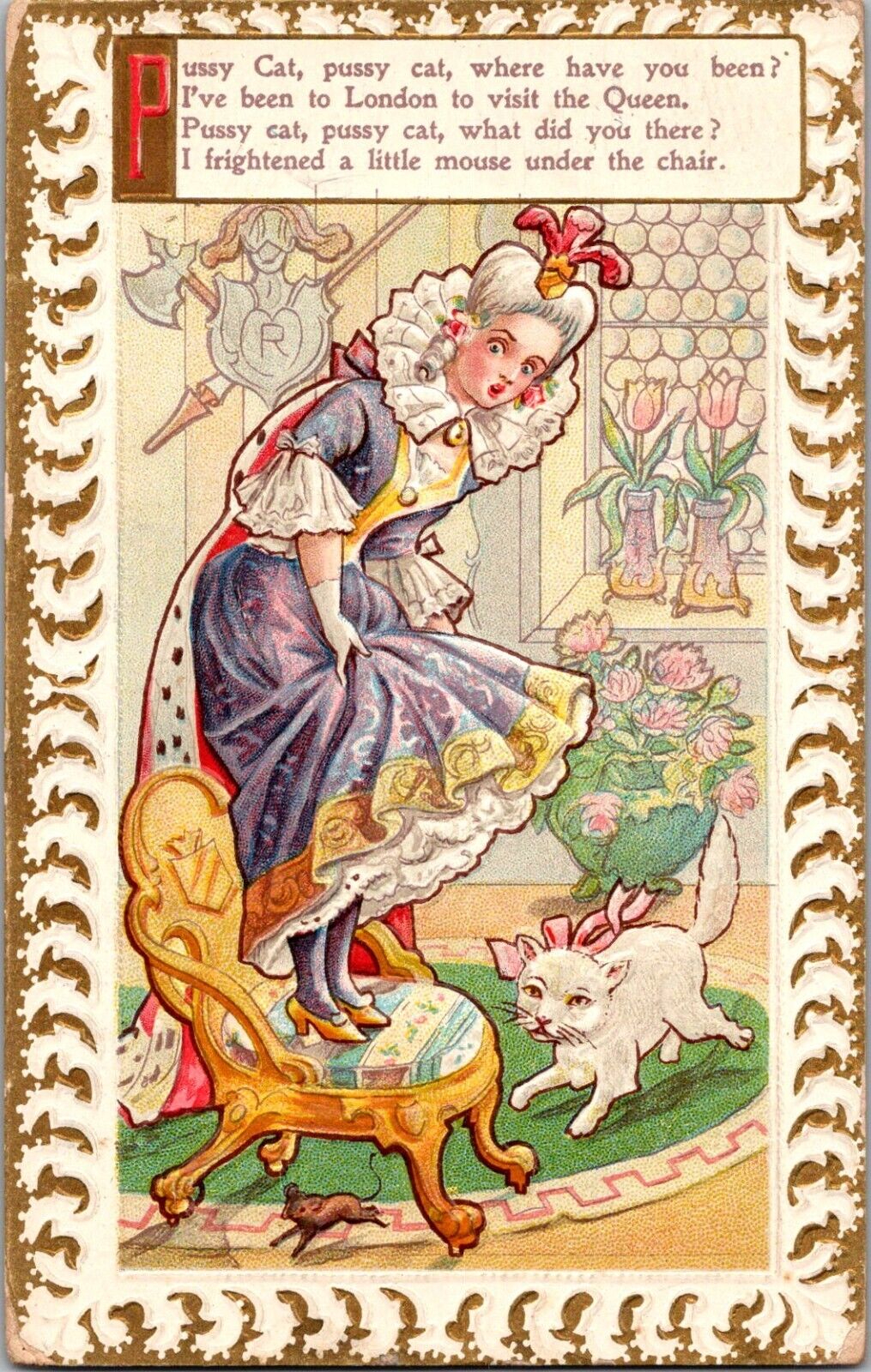 Postcard Nursery Rhyme Pussy Cat Pussy Cat Divided Embossed Postmarked 1911