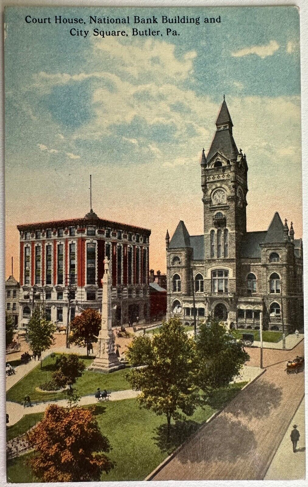 Postcard Butler PA Civil War Monument Court House National Bank City Square