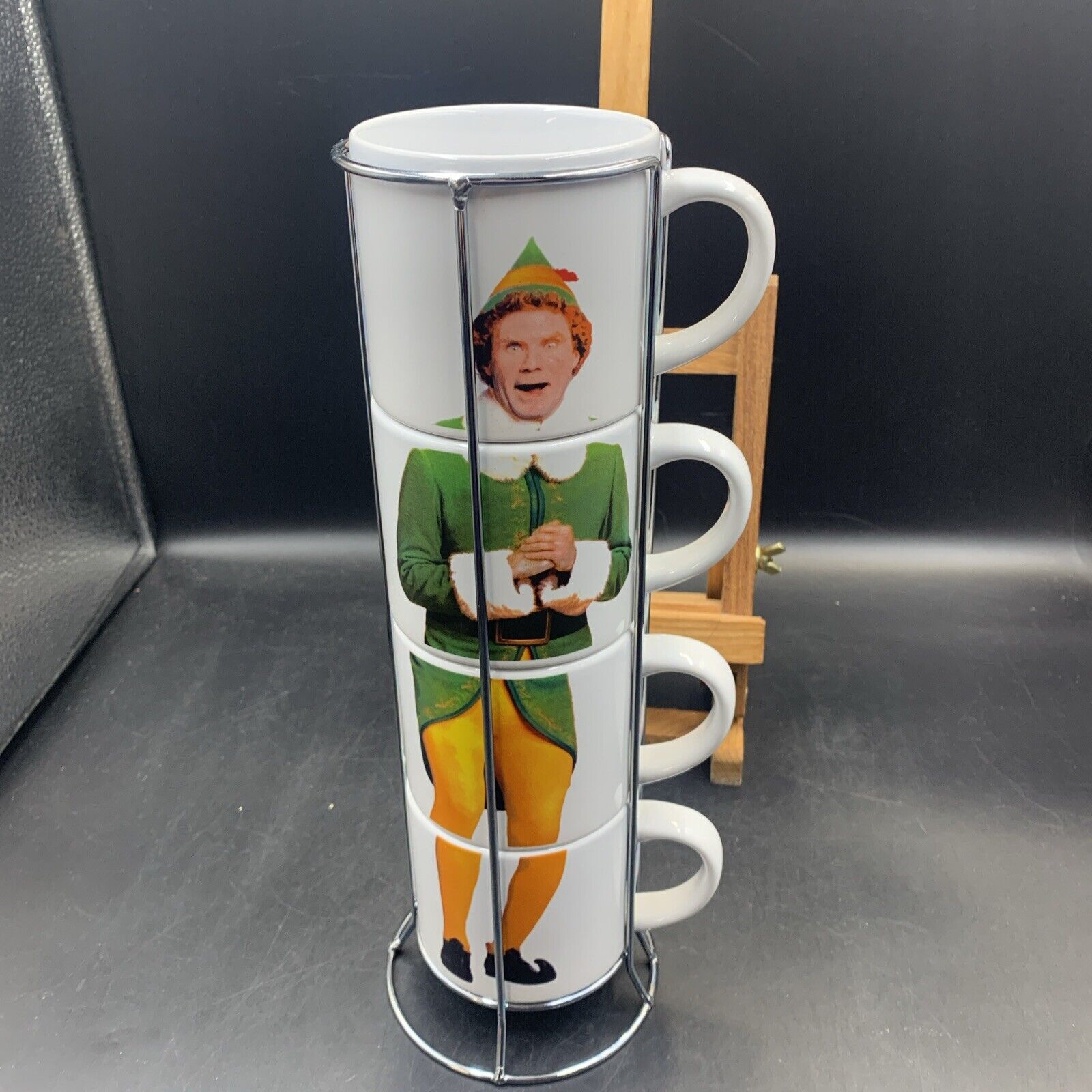 BUDDY THE ELF Stackable Ceramic Coffee Tea Mug Set of 4 Will Ferrell EUC