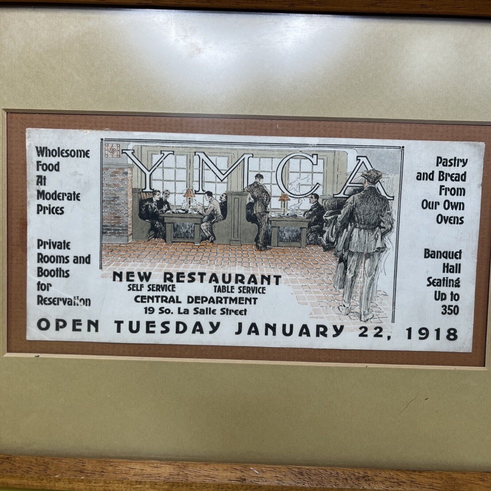 Antique YMCA World War I WWI Restaurant Opening 1918 Chicago Advertisement Frame