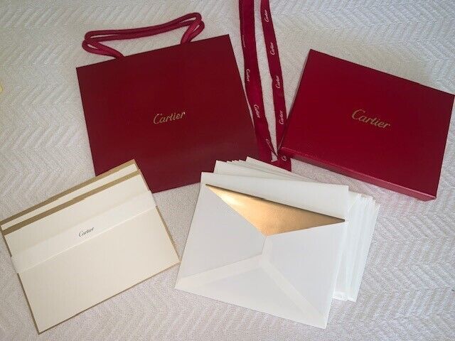 Authentic Cartier Note Card Set, Gold Trim, 10 Cards/Envelopes Bag, Ribbon NEW