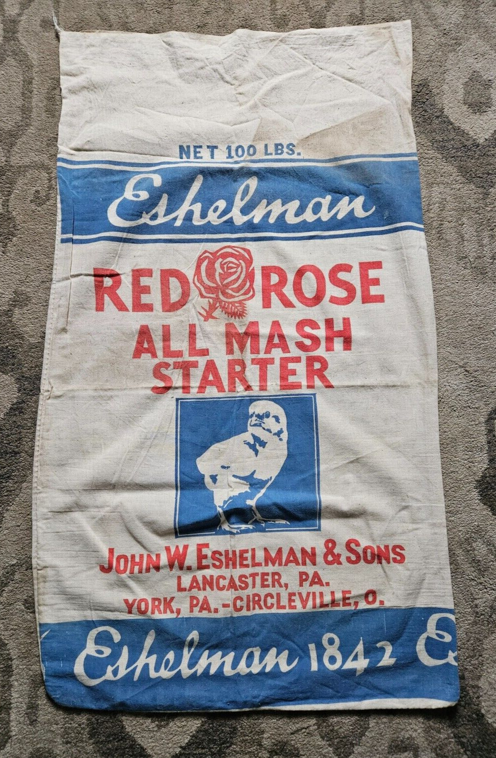 Vintage Red Rose Eshelman & Sons 100 LB CHICK MASH STARTER Feed Sack