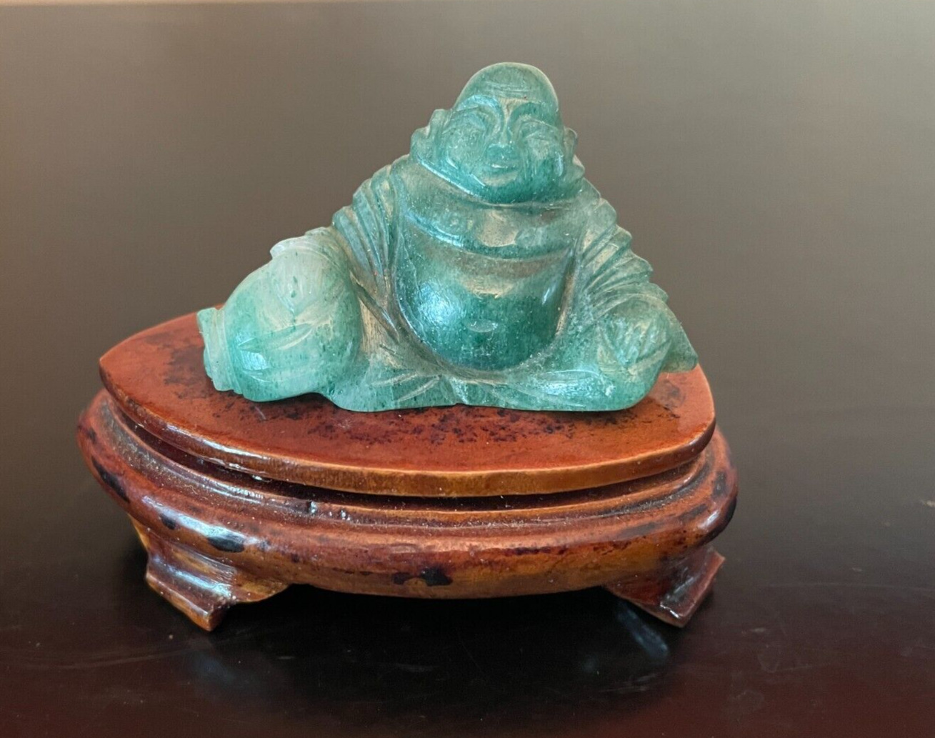 Vintage Small Reclining Jade Buddha on Rosewood Stand