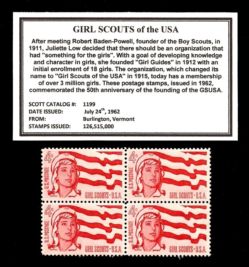 1962 - GIRL SCOUTS (GSUSA)  - Block of Four Vintage U.S. Postage Stamps