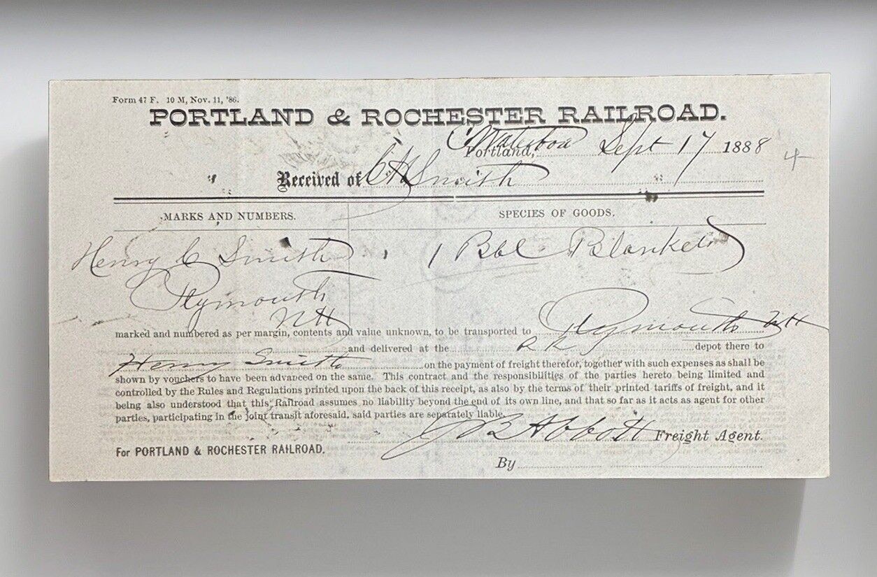 Antique DOCUMENT: 1888 PORTLAND & ROCHESTER RAILROAD - Freight Receipt